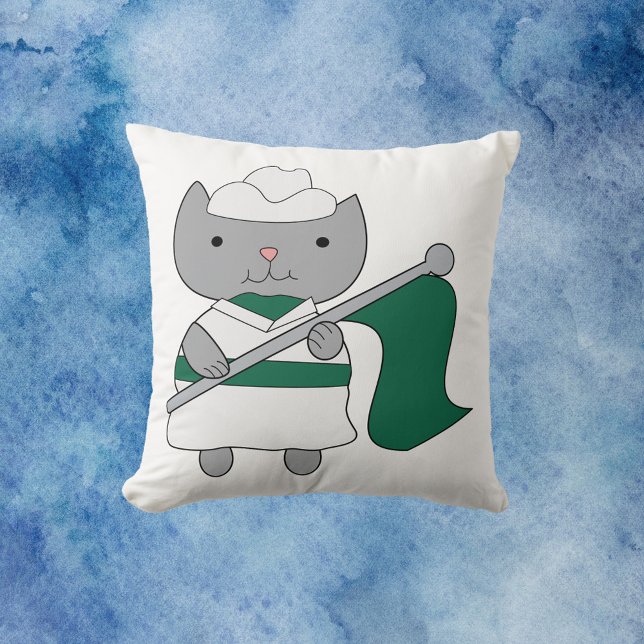 Cat Green White Color Guard Throw Pillow (A cute pillow with a gray cat wearing a green and white color guard uniform.)