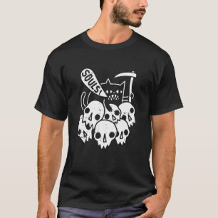Cat Grim Reaper Halloween Funny Skulls Bones Skele T-Shirt