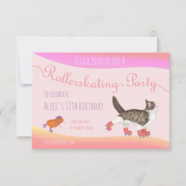 Cat guinea pig rollerskating party invite (small) (Front)
