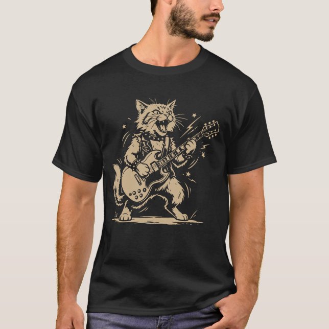 Cat Guitar Music Lover Cartoon Animal Design T-Shirt (Front)