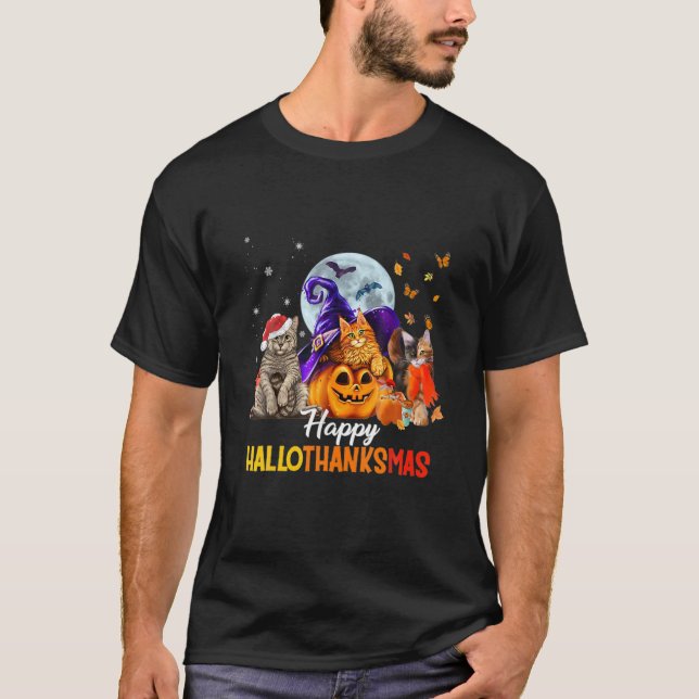 Cat Halloween And Merry Christmas Happy Hallothank T-Shirt (Front)