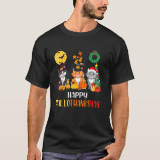 Cat Halloween And Merry Christmas Happy Hallothank T-Shirt