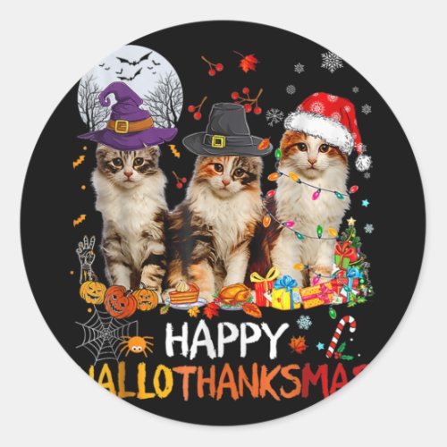 Cat Halloween Christmas Happy Hallothanksmas Thank Classic Round Sticker