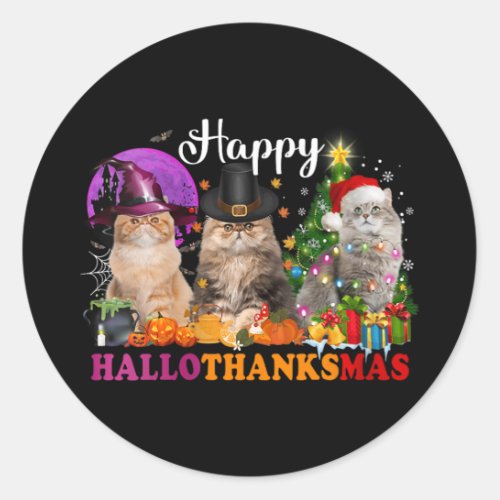 Cat Halloween Christmas Happy Hallothanksmas Thank Classic Round Sticker