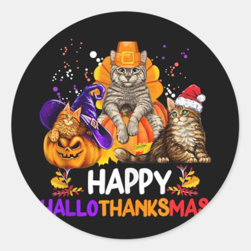 Cat Halloween Christmas Happy Hallothanksmas Thank Classic Round Sticker