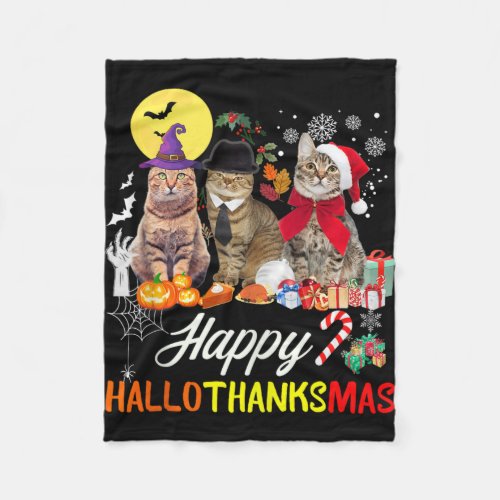 Cat Halloween Christmas Happy Hallothanksmas Thank Fleece Blanket