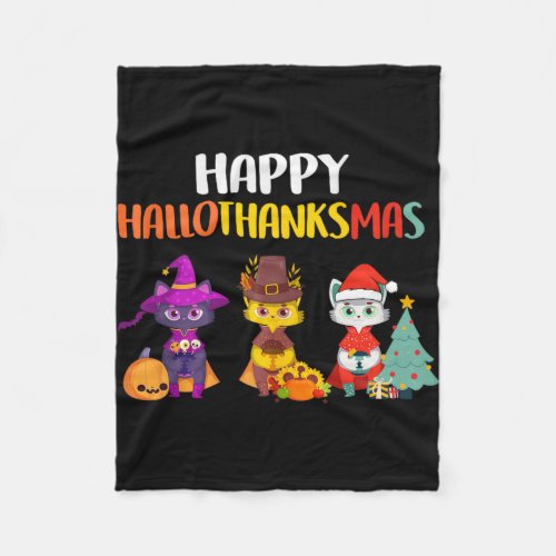 Cat Halloween Christmas Happy Hallothanksmas Thank Fleece Blanket