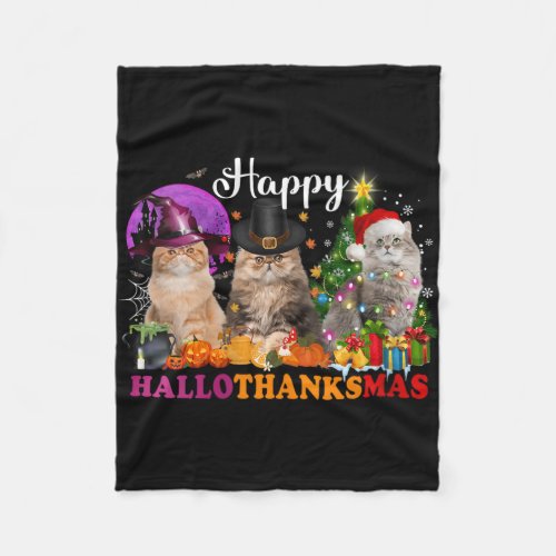 Cat Halloween Christmas Happy Hallothanksmas Thank Fleece Blanket