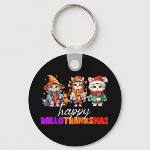 Cat Halloween Christmas Happy Hallothanksmas Thank Keychain