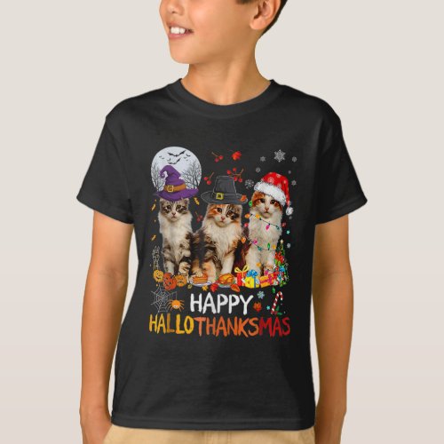 Cat Halloween Christmas Happy Hallothanksmas Thank T_Shirt