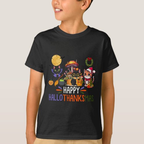 Cat Halloween Christmas Happy Hallothanksmas Thank T_Shirt