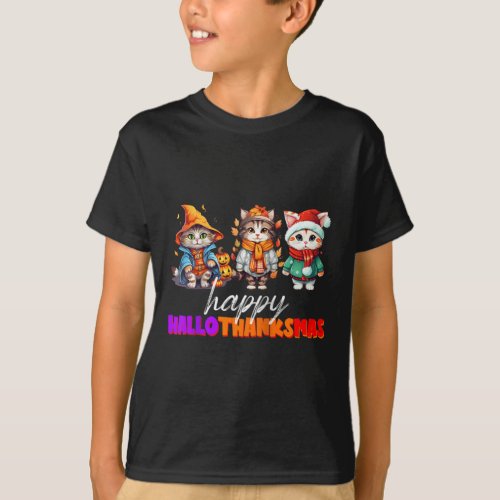 Cat Halloween Christmas Happy Hallothanksmas Thank T_Shirt