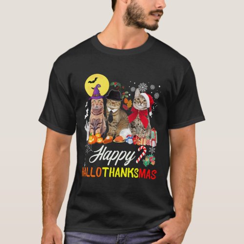 Cat Halloween Christmas Happy Hallothanksmas Thank T_Shirt