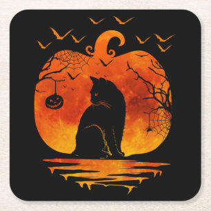 CAT HALLOWEEN COSTUME PUMPKIN CATS LOVER FALL SEAS SQUARE PAPER COASTER