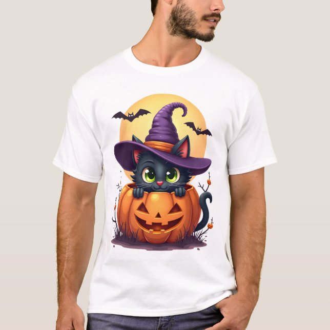 Cat Halloween Pumpkin Black Cat T-Shirt (Front)