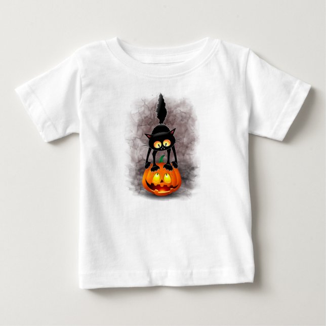 Cat Halloween Scared Cartoon Character standing on Baby T-Shirt (Front)