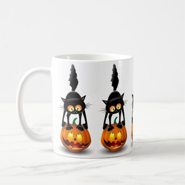 Cat Halloween Scared Cartoon Character standing on Coffee Mug (Left)