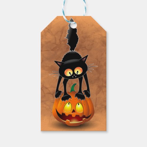 Cat Halloween Scared Cartoon Character standing on Gift Tags