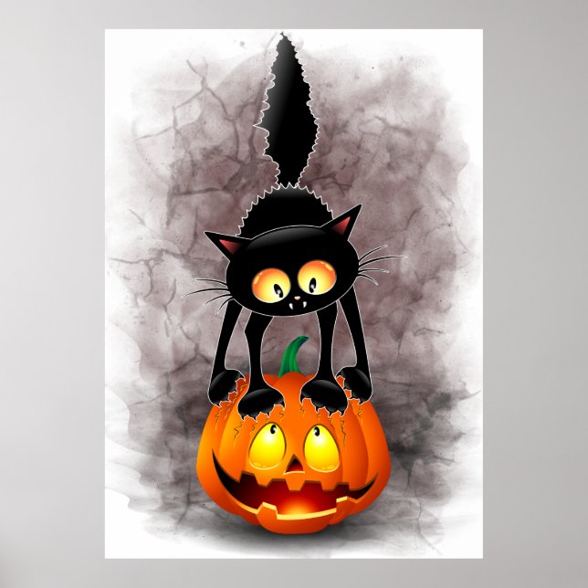 Cat Halloween Scared Cartoon Character standing on Poster (Front)