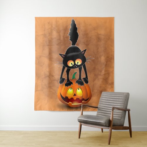 Cat Halloween Scared Cartoon Character standing on Tapestry