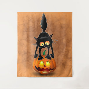 Cat Halloween Scared Cartoon Character standing on Tapestry