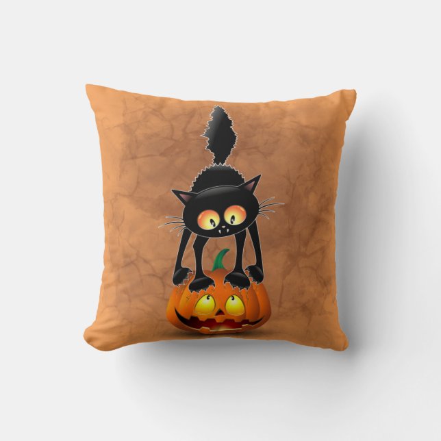Cat Halloween Scared Cartoon Character standing on Throw Pillow (Front)