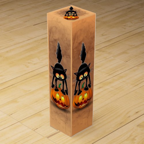 Cat Halloween Scared Cartoon Character standing on Wine Box