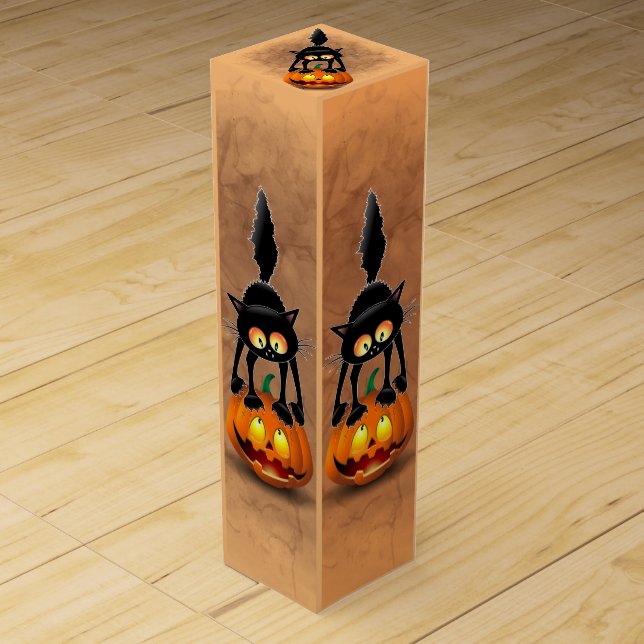 Cat Halloween Scared Cartoon Character standing on Wine Box (Front)