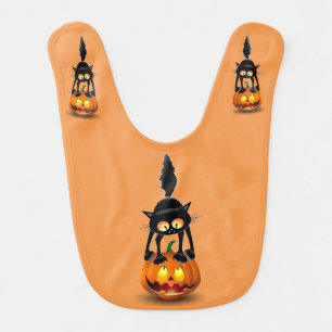 Cat Halloween Scared Cartoon on Pumpkin Baby Bib