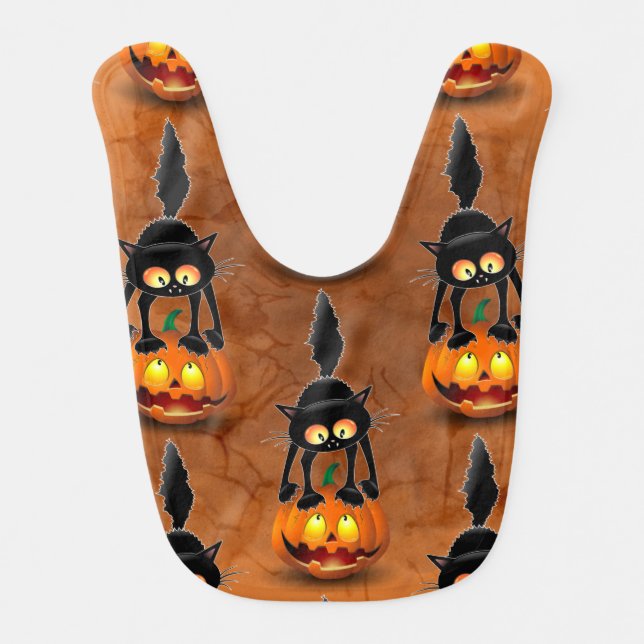 Cat Halloween Scared Cartoon on Pumpkin Baby Bib (Front)