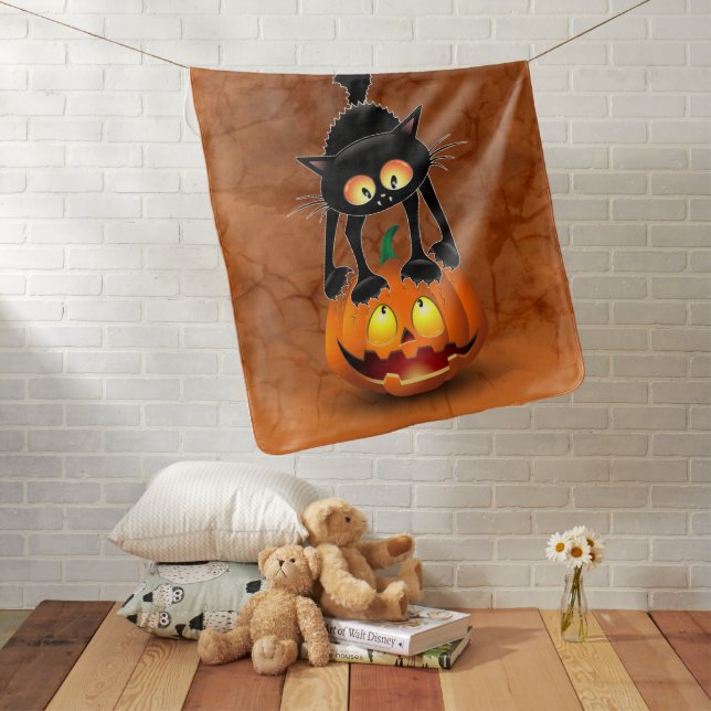 Cat Halloween Scared Cartoon on Pumpkin Baby Blanket (In Situ)