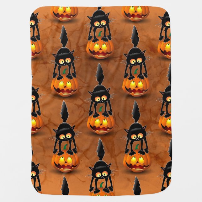 Cat Halloween Scared Cartoon on Pumpkin Baby Blanket (Front)