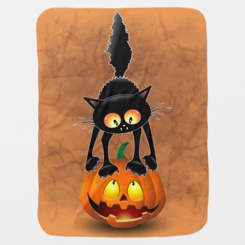 Cat Halloween Scared Cartoon on Pumpkin Baby Blanket