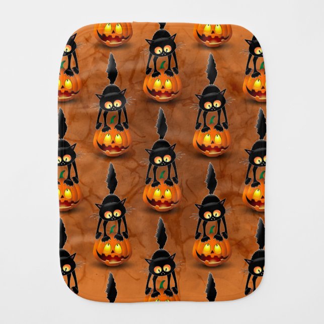 Cat Halloween Scared Cartoon on Pumpkin Baby Burp Cloth (Front)
