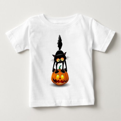 Cat Halloween Scared Cartoon on Pumpkin Baby T_Shirt