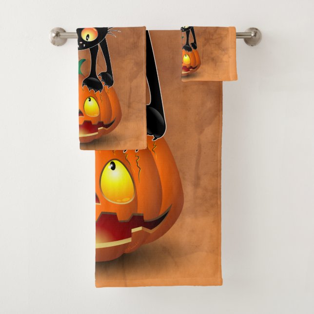 Cat Halloween Scared Cartoon on Pumpkin Bath Towel Set (Insitu)