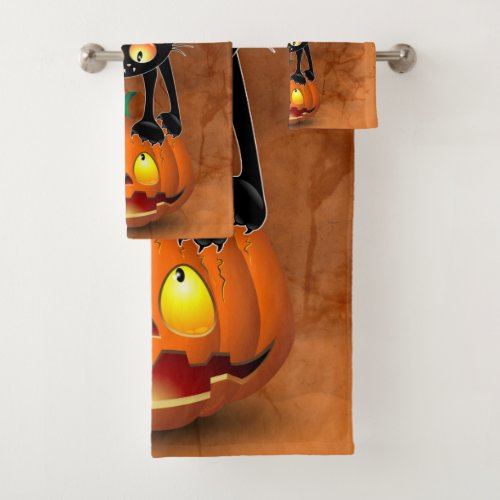 Cat Halloween Scared Cartoon on Pumpkin Bath Towel Set