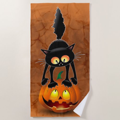 Cat Halloween Scared Cartoon on Pumpkin Beach Towel