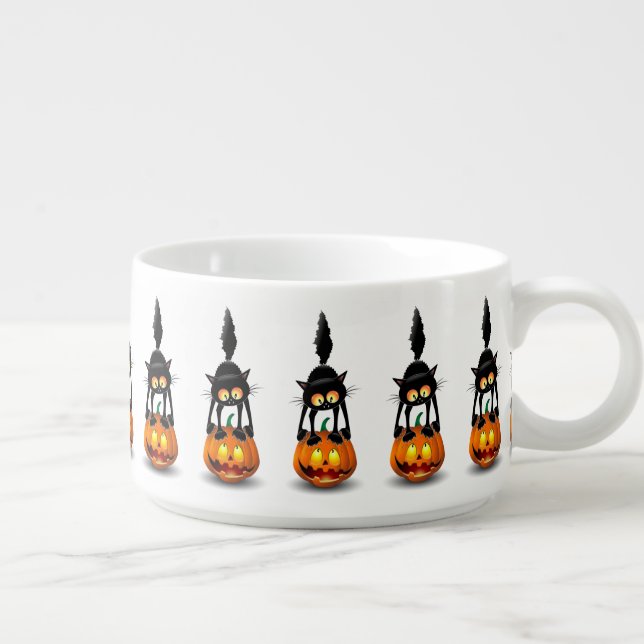 Cat Halloween Scared Cartoon on Pumpkin Bowl (Left)