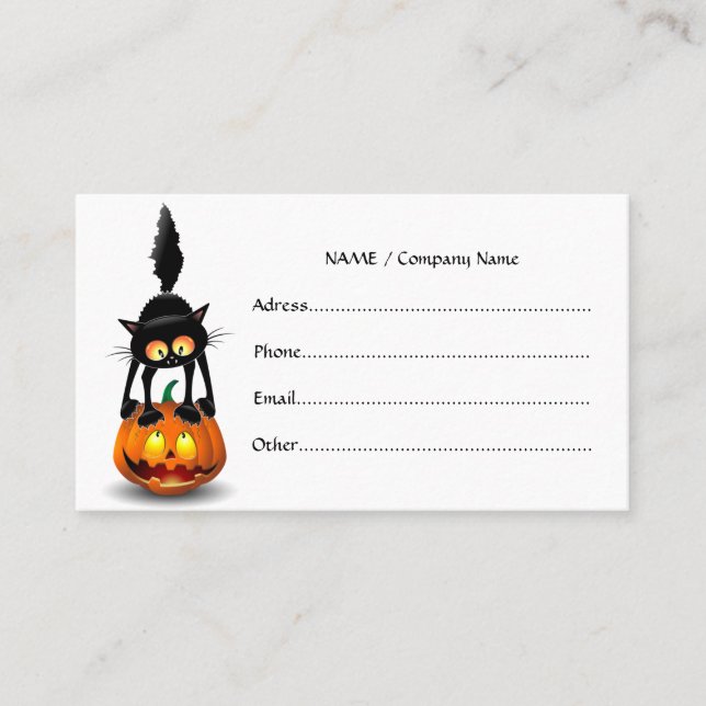 Cat Halloween Scared Cartoon on Pumpkin Business Card (Front)