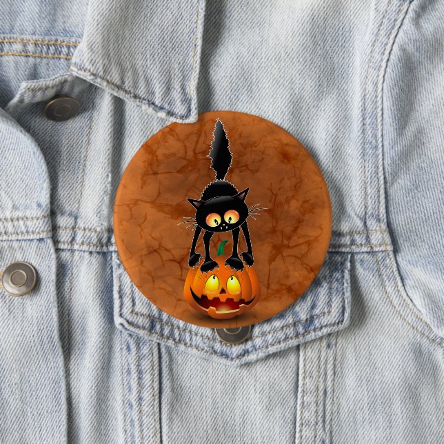 Cat Halloween Scared Cartoon on Pumpkin Button (In Situ)