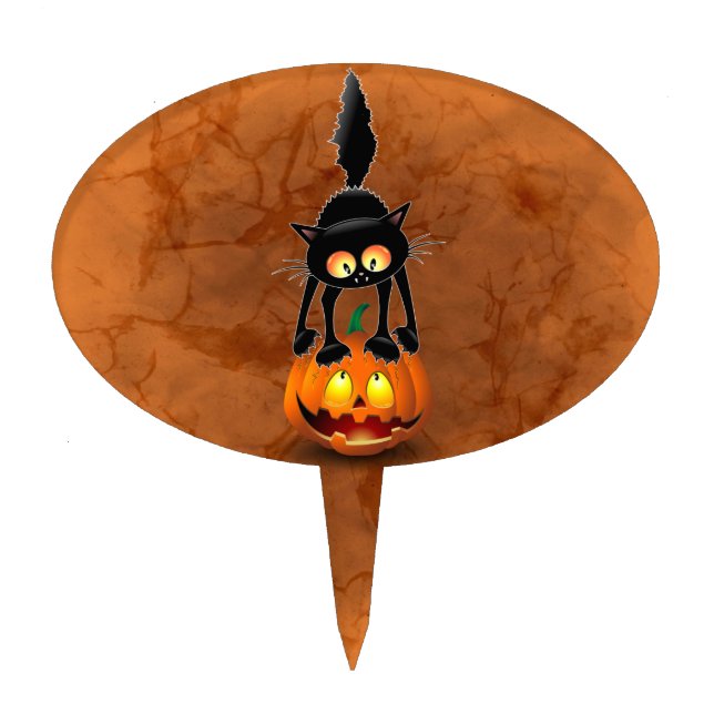 Cat Halloween Scared Cartoon on Pumpkin Cake Topper (Front)