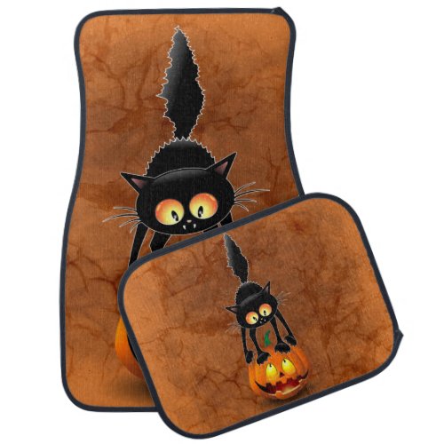 Cat Halloween Scared Cartoon on Pumpkin Car Floor Mat