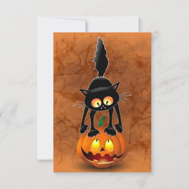 Cat Halloween Scared Cartoon on Pumpkin Card (Front)