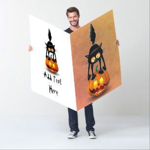 Cat Halloween Scared Cartoon on Pumpkin Card