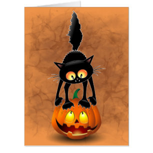 Cat Halloween Scared Cartoon on Pumpkin Card