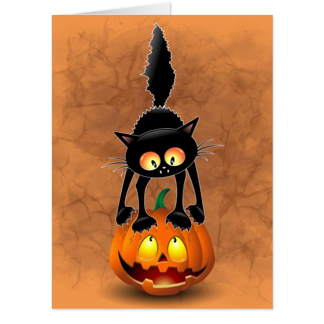 Cat Halloween Scared Cartoon on Pumpkin Card (Front)