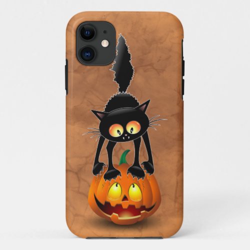 Cat Halloween Scared Cartoon on Pumpkin iPhone 11 Case