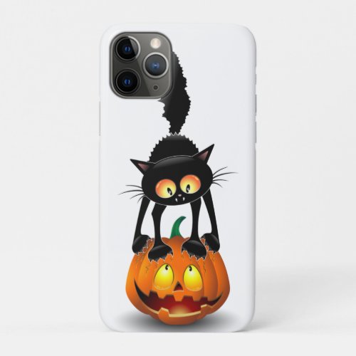 Cat Halloween Scared Cartoon on Pumpkin iPhone 11 Pro Case