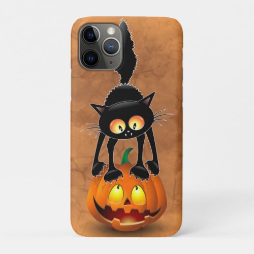 Cat Halloween Scared Cartoon on Pumpkin iPhone 11 Pro Case